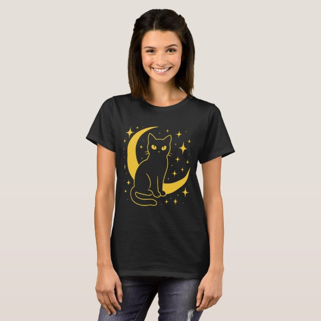 Mystische schwarze Katze - Himmelsnacht T-Shirt (Vorne ganz)