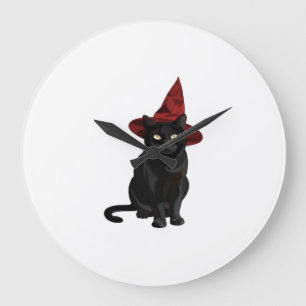 Mystische schwarze Katze mit dunkelroter Hut Class Große Wanduhr