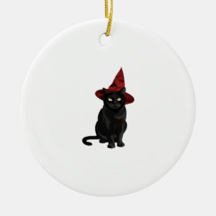Mystische schwarze Katze mit dunkelroter Hut Class Keramik Ornament