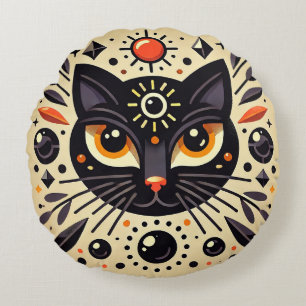 Mystische schwarze Katze mit kosmischer Geometrie Rundes Kissen