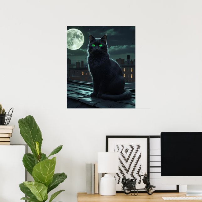 Mystische schwarze Katze unter Vollmond Poster (Heimbüro)