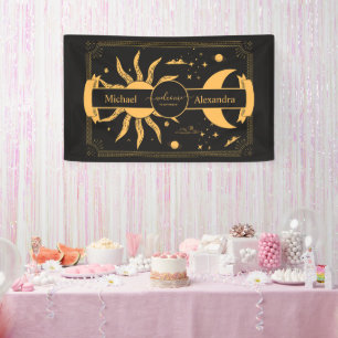 Mystische schwarze und goldene Sonnenmond-Hochzeit Banner
