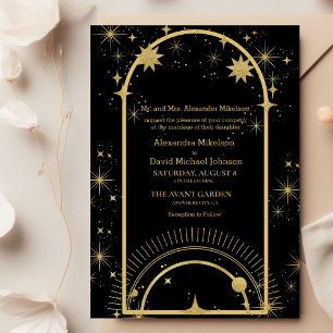 Mystische Schwarzgoldene Himmelssterne Hochzeit  Einladung