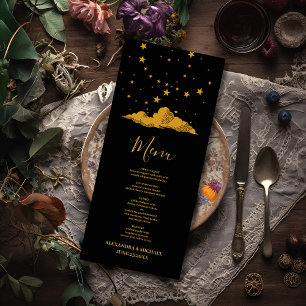 Mystische Schwarzgoldene Himmelssterne Hochzeit Menükarte