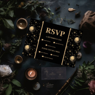 Mystische Schwarzgoldene Himmlische Galaxie-Hochze RSVP Karte