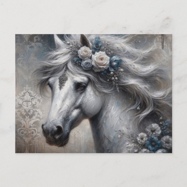 Mystische Silber-Pferde-Ölmalerei im Kunststil Postkarte (Vorderseite)