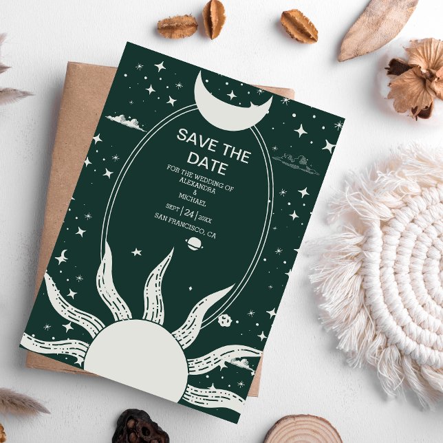 Mystische Silber- und grüne Sonnenmondhochzeit Save The Date (Von Creator hochgeladen)