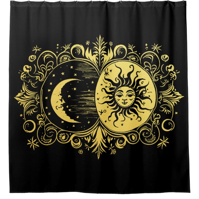 Mystische Sonne und Mond in Gold Duschvorhang (Vorderseite)