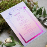 Mystische Sonnenuntergang Rosa Sonnenmönchssterne  Menükarte<br><div class="desc">Mystical Sunset Pink Sun Moon Stars Astronomie Galaxy Celestial Cosmic Space Wedding Menu Karten bietet eine rosa und lila Sonne, Mond und Sterne rahmen auf einem pastellfarbenen Sonnenuntergang Strand mit Ihren Menüdetails in der Mitte der modernen lila Kalligraphie Skript. Personalisieren Sie den Text durch Bearbeiten in den bereitgestellten Textfeldern. Für...</div>