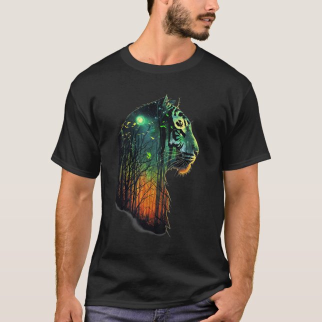 Mystische TigerkopfSilhouette mit Waldelement T-Shirt (Vorderseite)