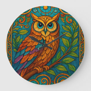 Mystische Volkskunst-Eulen-Illustration – Boho Vin Große Wanduhr