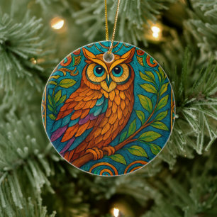 Mystische Volkskunst-Eulen-Illustration – Boho Vin Keramik Ornament
