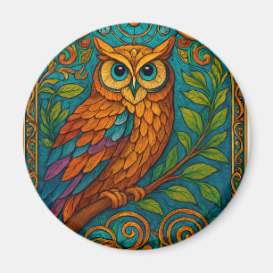 Mystische Volkskunst-Eulen-Illustration – Boho Vin Magnet