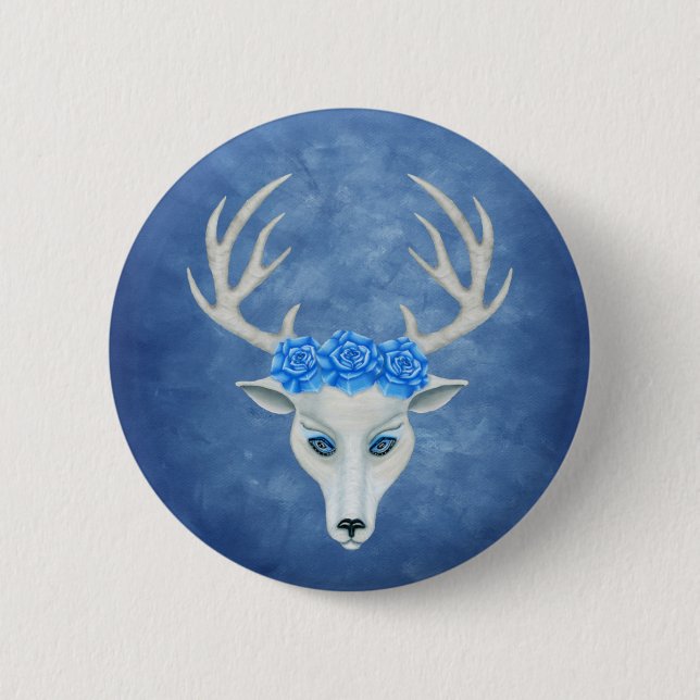Mystische Weiße Hirsche Kopf Blaue Augen Rose auf  Button (Vorderseite)