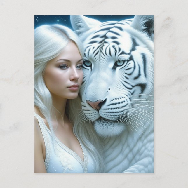 Mystische Weiße Tiger und Frauen Postkarte (Vorderseite)