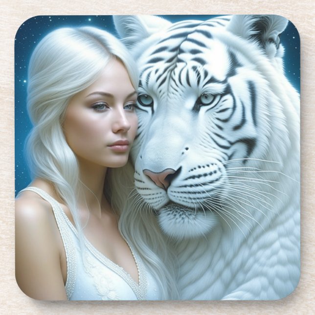 Mystische Weiße Tiger und magische Frauen Getränkeuntersetzer (Vorderseite)