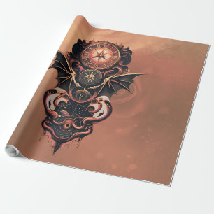 Mystische Zeitreise mit Flügeln, Steampunkuhr. Geschenkpapier