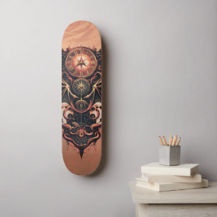 Mystische Zeitreise mit Flügeln, Steampunkuhr. Skateboard