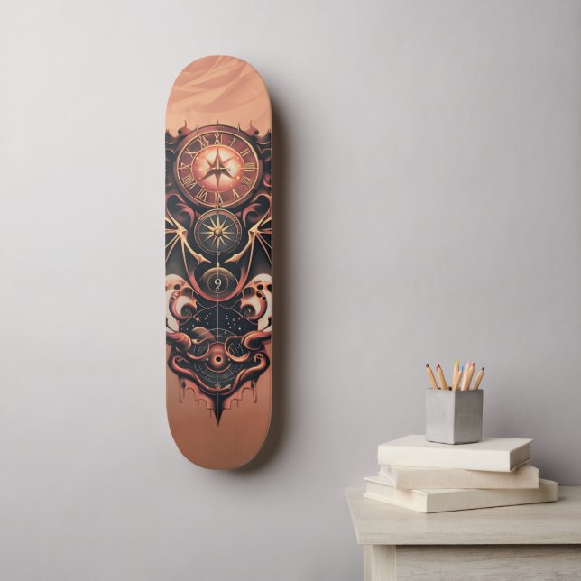 Mystische Zeitreise mit Flügeln, Steampunkuhr. Skateboard (Wandkunst)