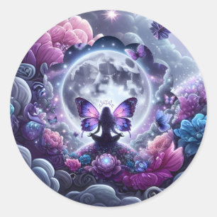 Mystische Zen-Schmetterlingsfee Vollmond-Fantasie- Runder Aufkleber