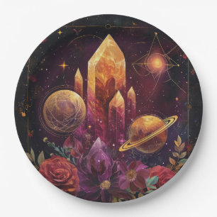 Mystischer Amethyst-Kristall-Blumen-Galaxie-Kunst Pappteller