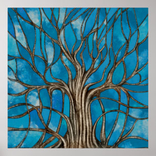 Mystischer Baum des Lebens Mosaik Blaue Wasserfarb Poster