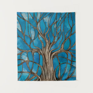 Mystischer Baum des Lebens Mosaik Blaue Wasserfarb Wandteppich