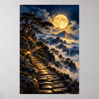 Mystischer Bergsteinpfad, beleuchtet vom Mondlicht Poster