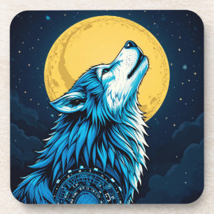 Mystischer blauer Wolf heult bei Vollmond Getränkeuntersetzer