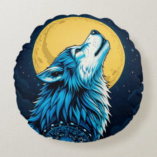 Mystischer blauer Wolf heult bei Vollmond Rundes Kissen
