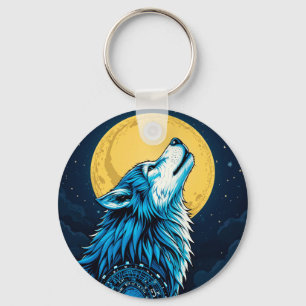 Mystischer blauer Wolf heult bei Vollmond Schlüsselanhänger