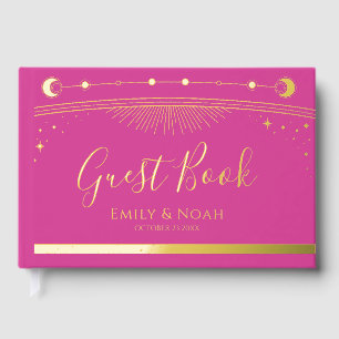 Mystischer Chic Pink Gold Sun Moon Stars Hochzeit Gästebuch