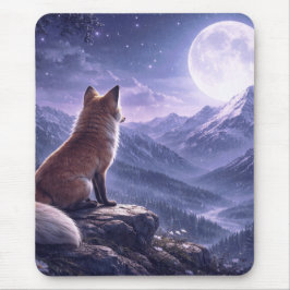 Mystischer Fuchs und riesiger Mond über schneebede Mousepad