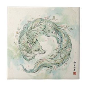 Mystischer Fuchsdrache Wasserfarbenkunst (1) Fliese