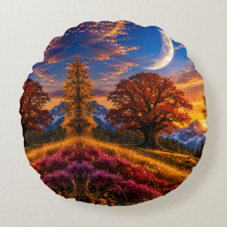 Mystischer Herbst-Eichenbaum-Halbmond Rundes Kissen