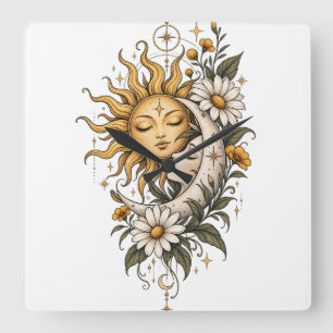 Mystischer Himmels-Sonne-Mond- und Blumen-Kaffeebe Quadratische Wanduhr