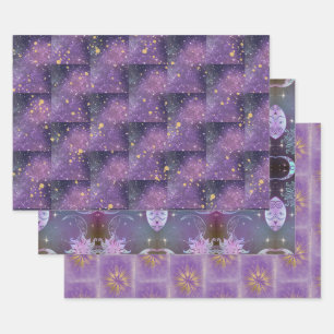 Mystischer Jeden Anlaß Lila Gold-Glitzern-Stars Geschenkpapier Set