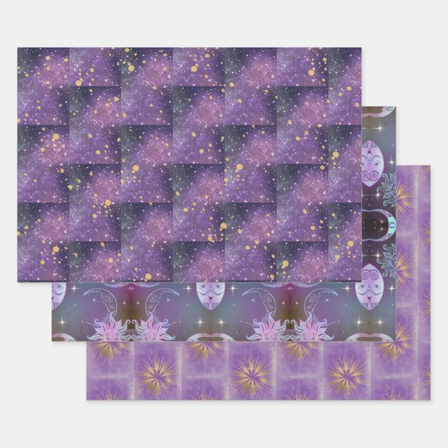 Mystischer Jeden Anlaß Lila Gold-Glitzern-Stars Geschenkpapier Set (Set)