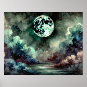 Mystischer Mond, kosmische Wolken im traumhaften N Poster