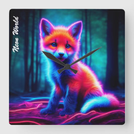 Mystischer Neonfuchs in glühendem verzaubertem Wal Quadratische Wanduhr