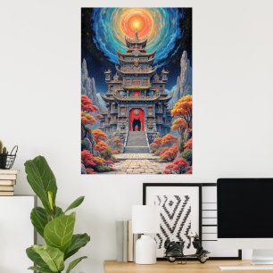 Mystischer Pagodentempel unter himmlischem Himmel Poster