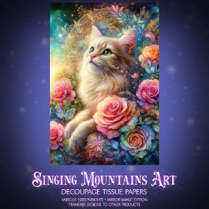 Mystischer Rosengarten Katzen-Decoupage Seidenpapier