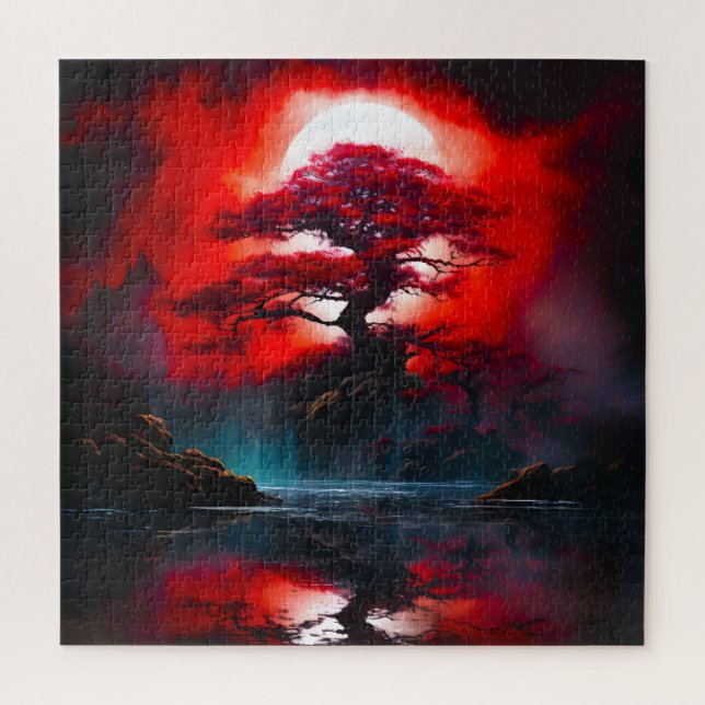 Mystischer roter Baum unter Vollmond (Vertikal)