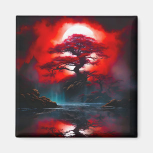 Mystischer roter Baum unter Vollmond Magnet