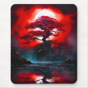 Mystischer roter Baum unter Vollmond Mousepad
