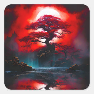 Mystischer roter Baum unter Vollmond Quadratischer Aufkleber