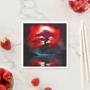 Mystischer roter Baum unter Vollmond Serviette