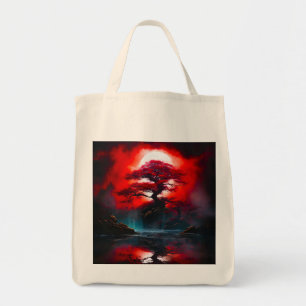 Mystischer roter Baum unter Vollmond Tragetasche