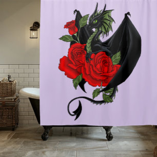 Mystischer schwarzer Drache rote Rosen Lavendel Go Duschvorhang