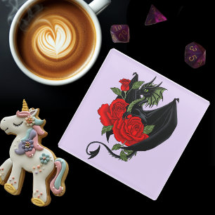 Mystischer schwarzer Drache rote Rosen Lavendel Go Glasuntersetzer